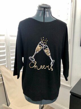 Love Scarlett Lightweight Black Sweater with Sequins Champagne Glasses, Size L